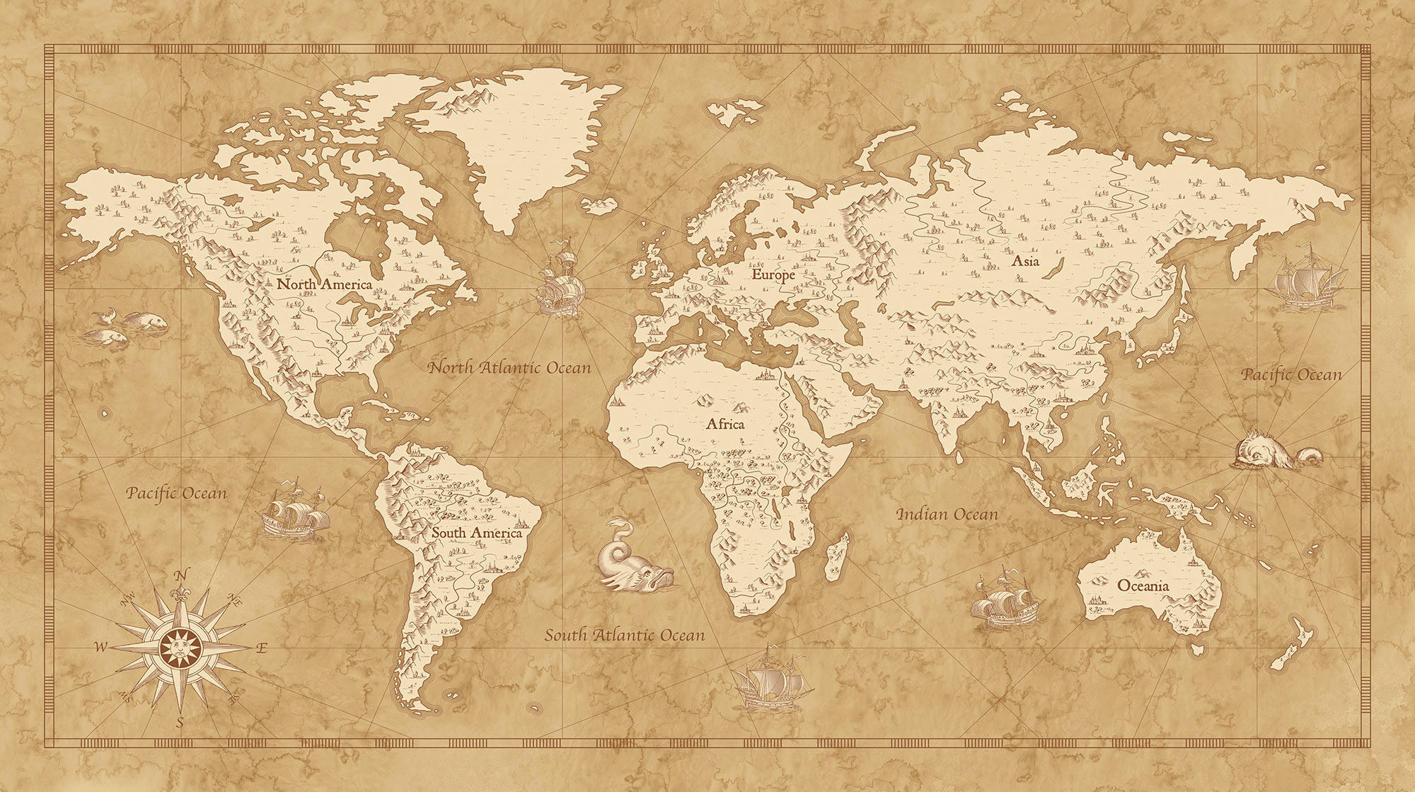 Komar Fototapete Vintage World Map, glatt, bedruckt, Comic, Retro, mehrfarbig, BxH: 500x280 cm, glatt, bedruckt