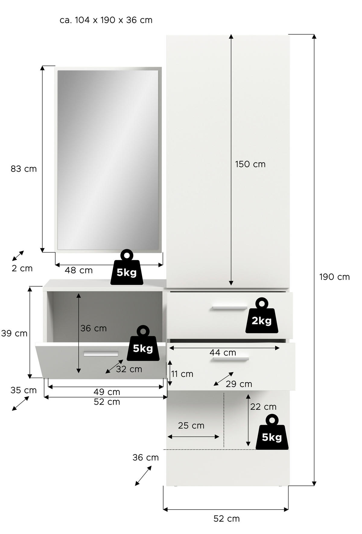 Garderobe VAGA weiß B/H/T: ca. 104x190x36 cm VAGA - weiß (104,00/190,00/36,00cm) - xonox.home