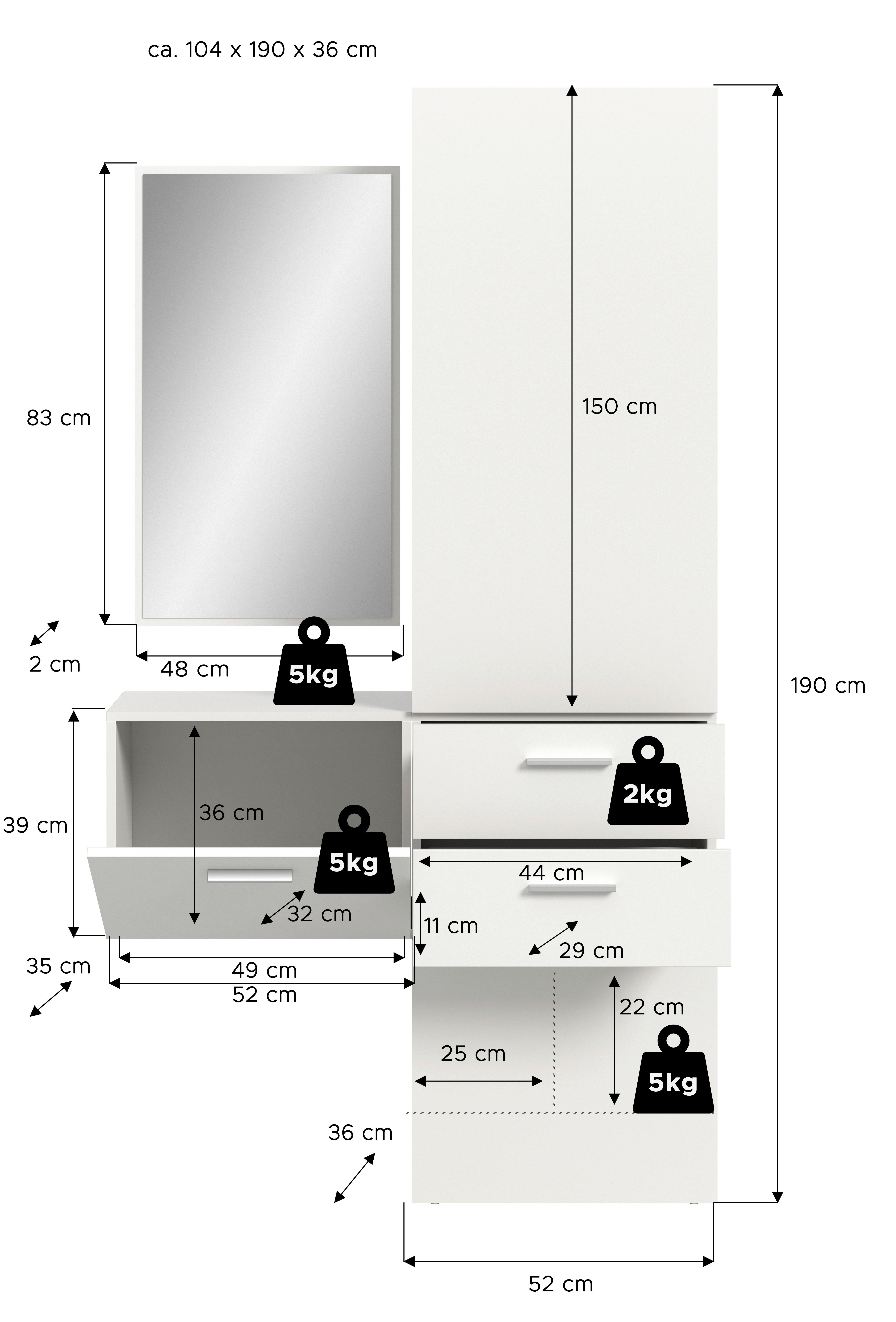 Thumbnail - Garderobe VAGA weiß B/H/T: ca. 104x190x36 cm