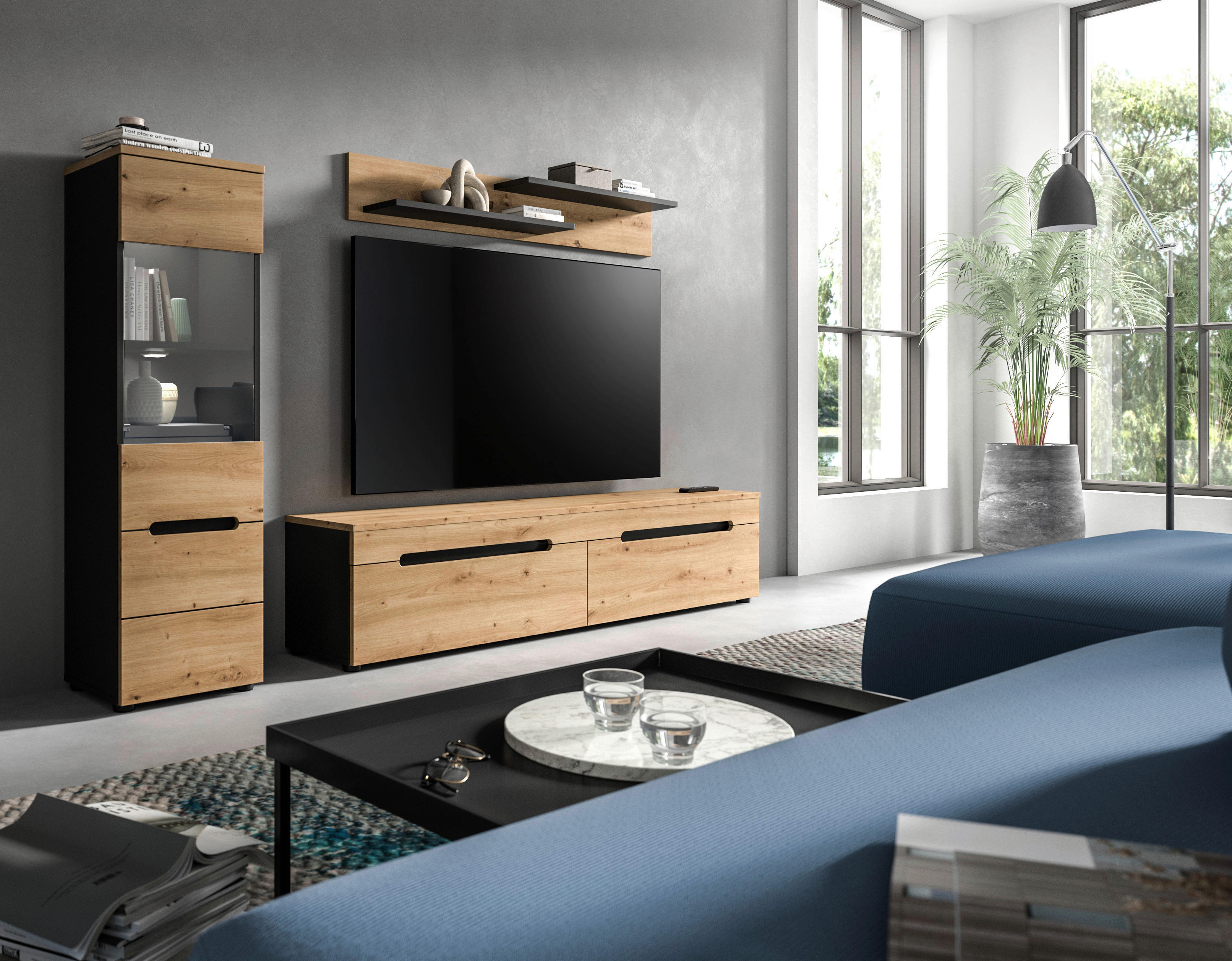 Thumbnail - Wohnwand Canu basaltgrau Nachbildung Artisan Oak Nachbildung B/H/T: ca. 221x141x33 cm