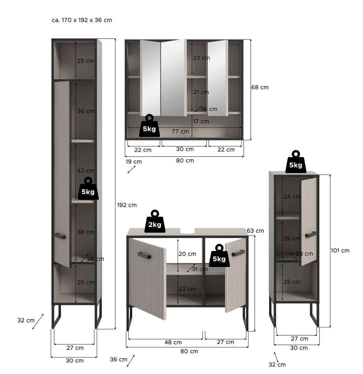 Badezimmer-Set BAGNO schwarz Kaschmirgrau Nachbildung B/H/T: ca. 170x192x36 cm BAGNO - schwarz (170,00/192,00/36,00cm) - xonox.home
