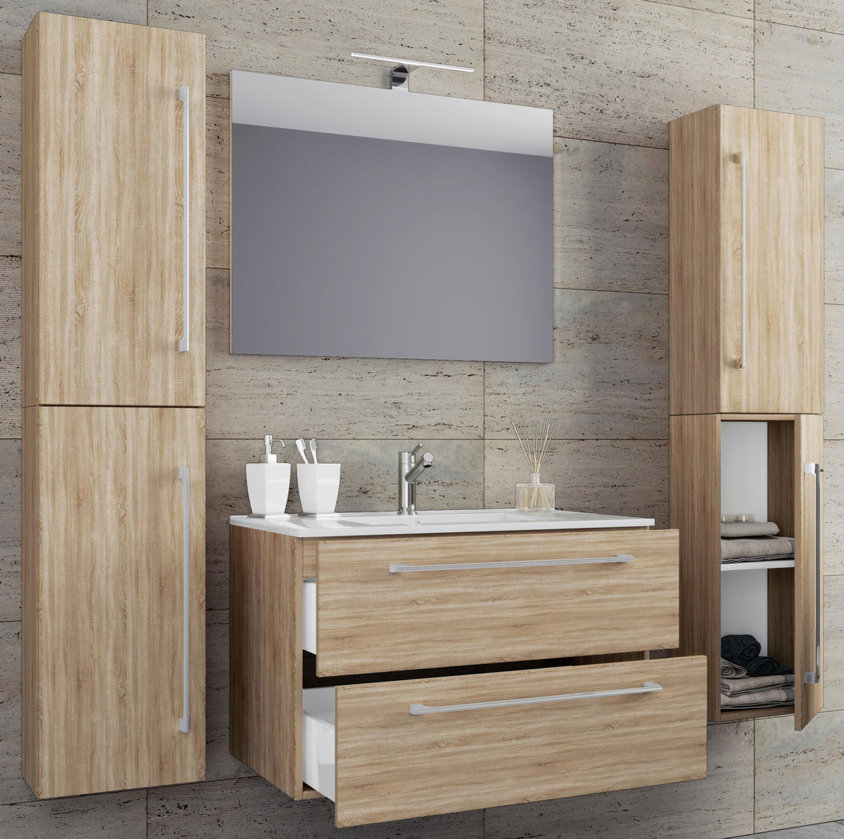 Waschplatz 5tlg-Badinos weiß Eiche Sonoma Nachbildung B/H/T: ca. 60x50x46 cm 5tlg-Badinos - Eiche/weiß (60,00/50,00/46,00cm) - VCM Möbel