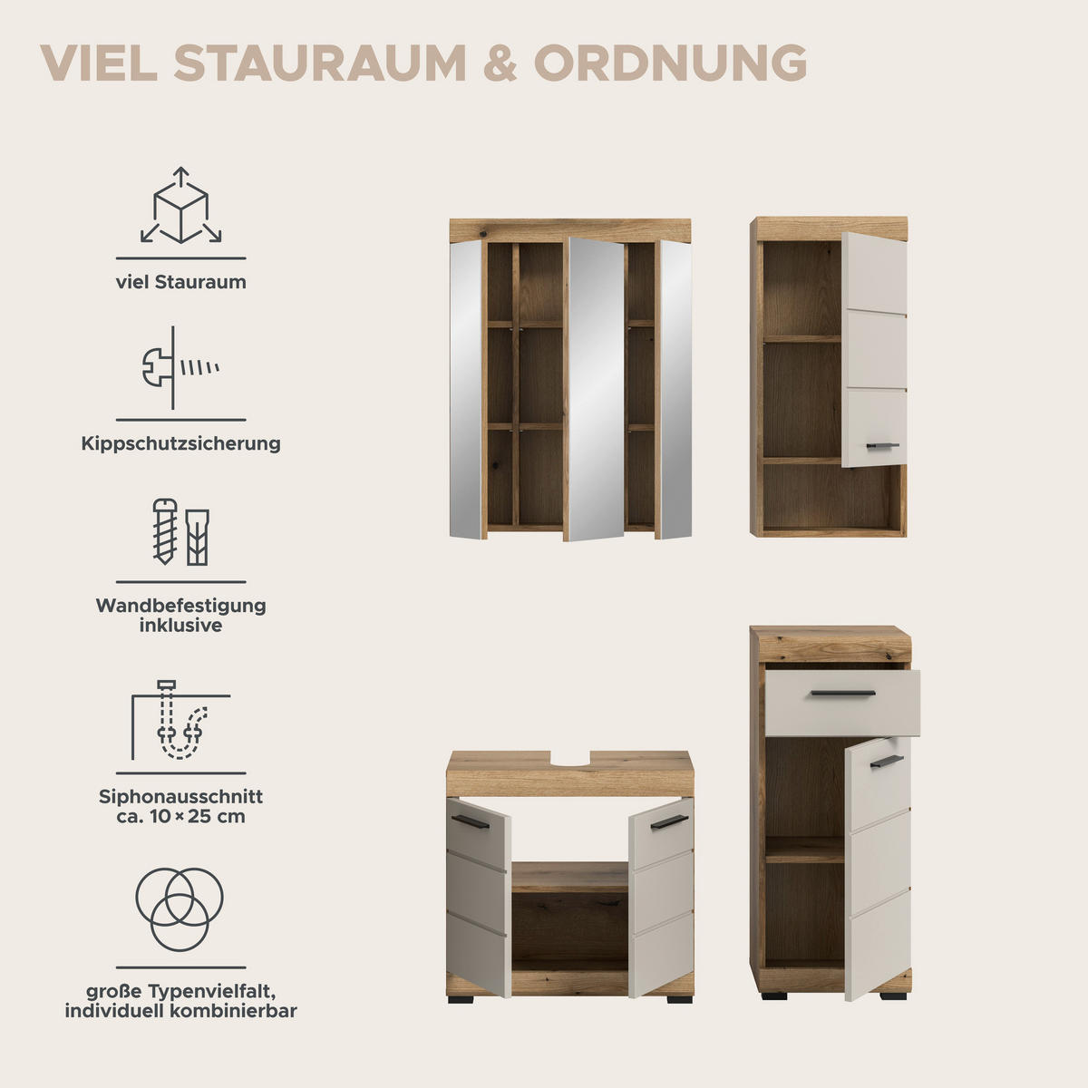 Badezimmer-Set Scout Evoke Oak Nachbildung Kaschmirgrau Nachbildung B/H/T: ca. 112x191x34 cm Scout - Kaschmirgrau (112,00/191,00/34,00cm) - xonox.home