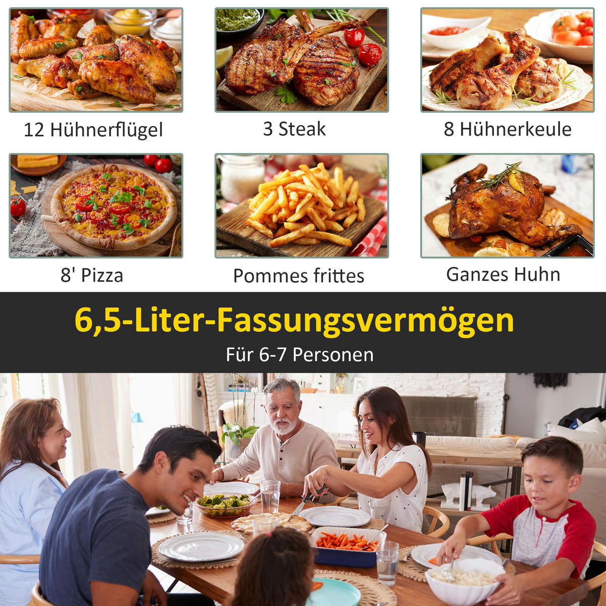 HOMCOM Küchengerät 800-120V90 schwarz Polypropylen B/H/L: ca. 29x36,5x33,8 cm ca. 6,5 l Heißluftfritteuse - schwarz (33,80/29,00/36,50cm) - HOMCOM