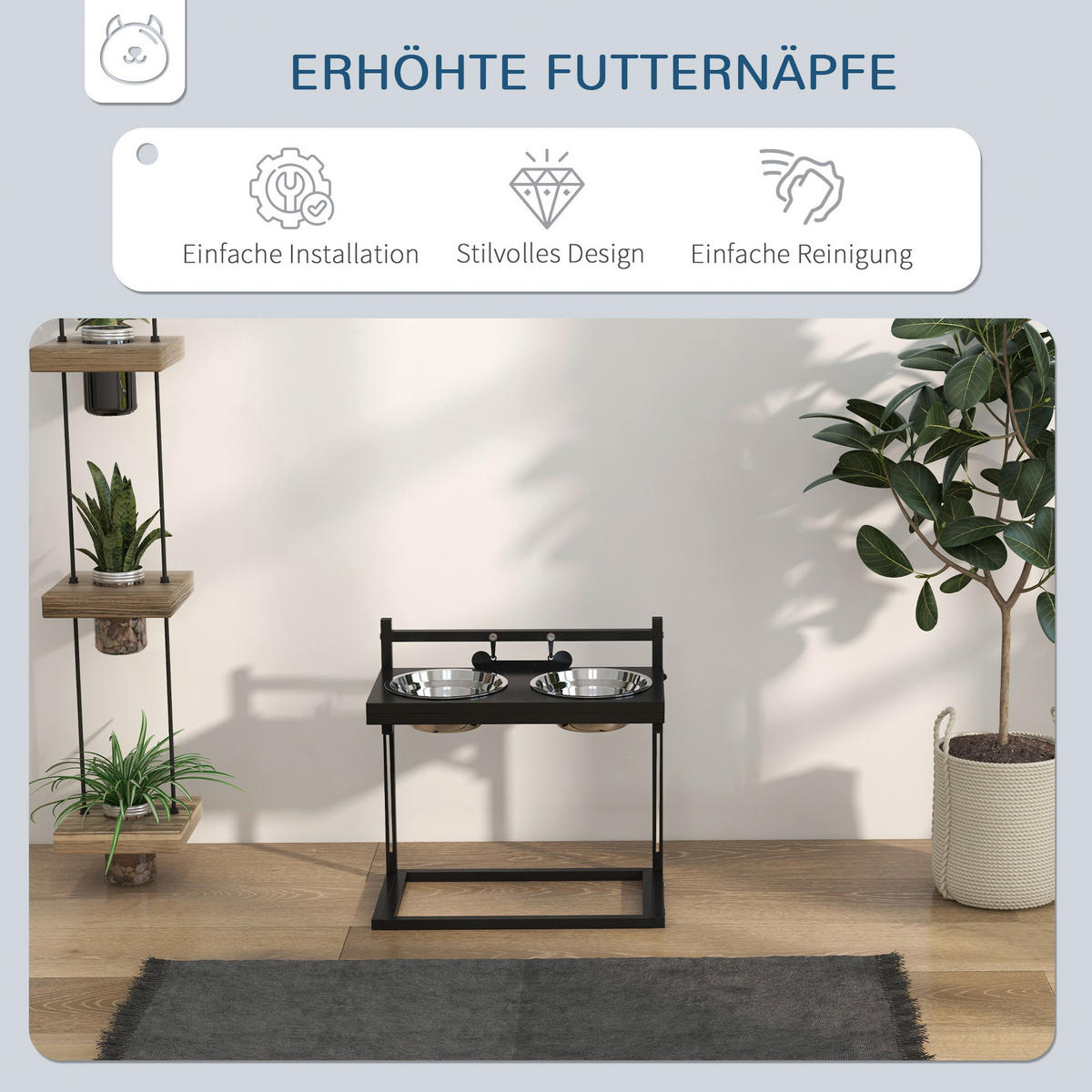 PawHut Tier-Zubehör schwarz Edelstahl B/H/L: ca. 22x40,5x39 cm Futterstation - schwarz (39,00/22,00/40,50cm) - PawHut