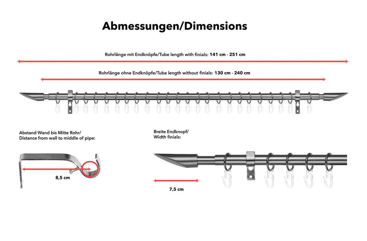 LICHTBLICK Gardinenstange Lipstick Chrom Metall D: ca. 2 cm ausziehbar von ca. 130 bis 240 cm 1.0 Läufe Lipstick - Chrom (2,00cm) - LICHTBLICK