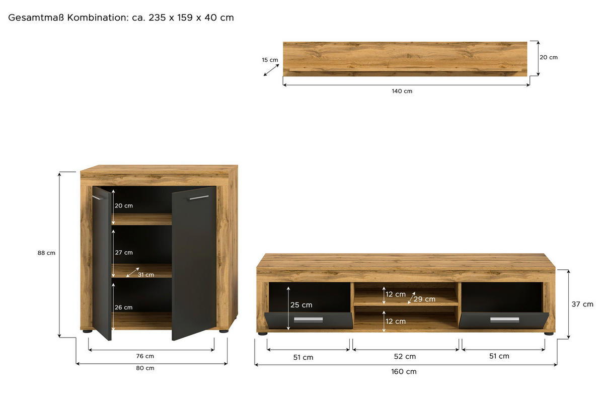 Wohnwand Jam Eiche Wotan Nachbildung grau B/H/T: ca. 255x159x35 cm Jam - Eiche/grau (255,00/159,00/35,00cm) - xonox.home