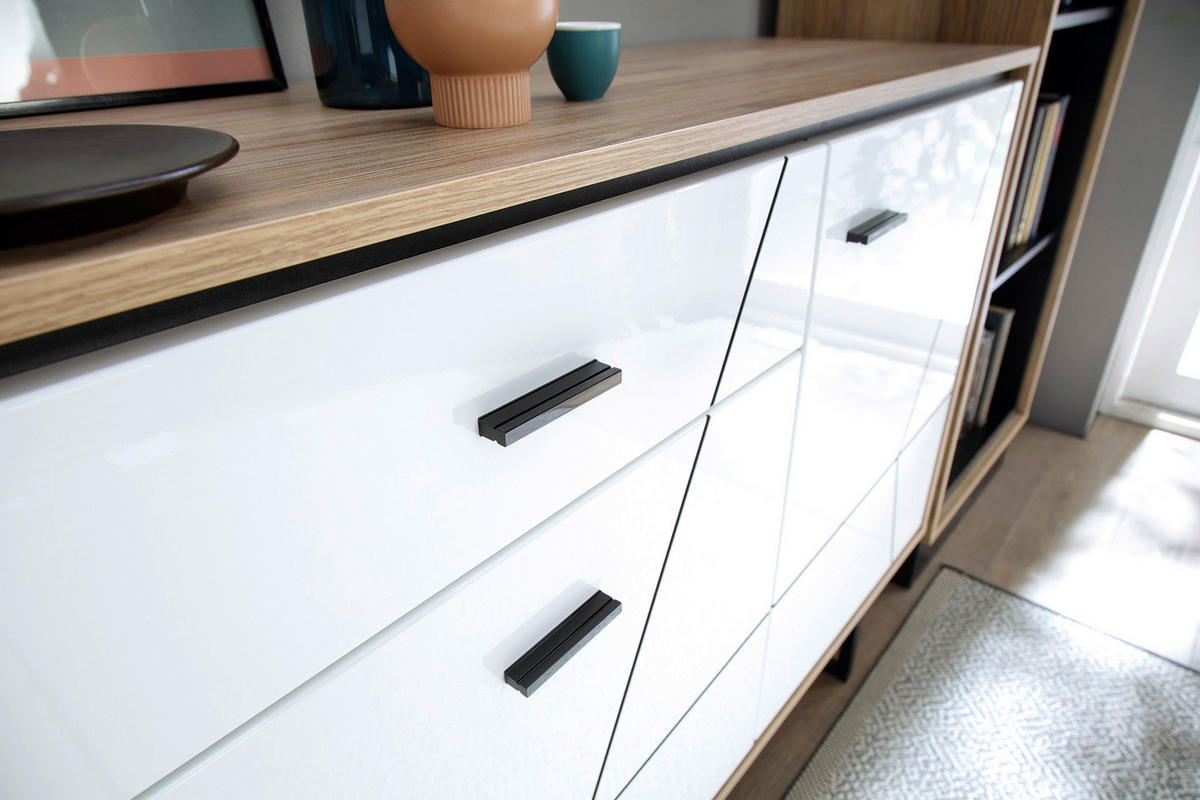 Sideboard Brolo Eiche Cleveland Nachbildung weiß Hochglanz schwarz B/H/T: ca. 167x90x40 cm Brolo - Eiche/weiß (167,00/90,00/40,00cm)
