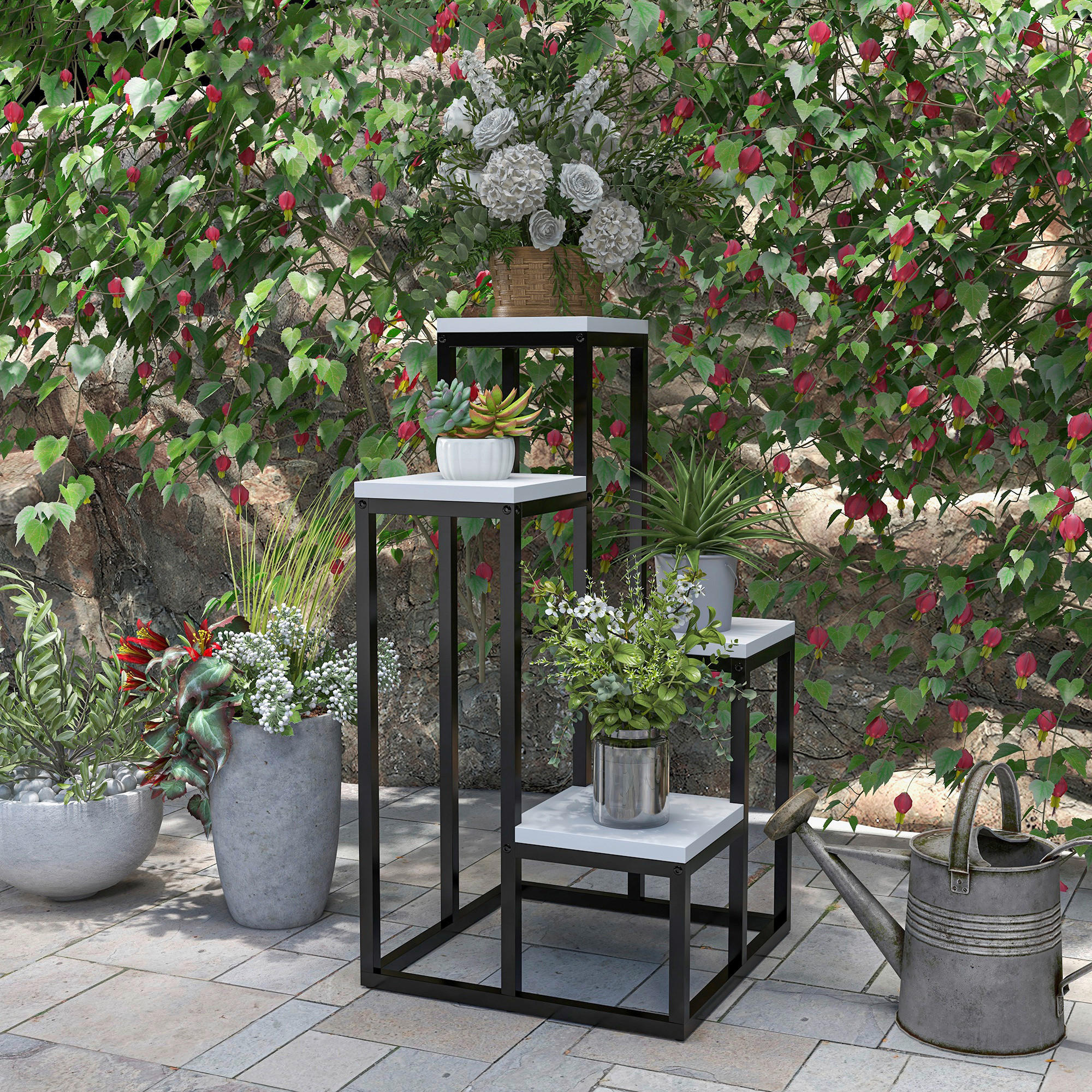 Outsunny Pflanzenständer weiß Holz B/H/L: ca. 34x70x34 cm Pflanzenständer - weiß/schwarz (34,00/34,00/70,00cm) - Outsunny