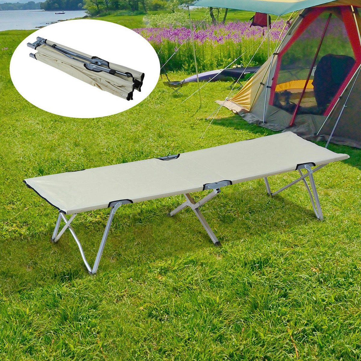 Outsunny Feldbett beige Metall B/H/L: ca. 64x40x193 cm Feldbett - beige/silber (193,00/64,00/40,00cm) - Outsunny