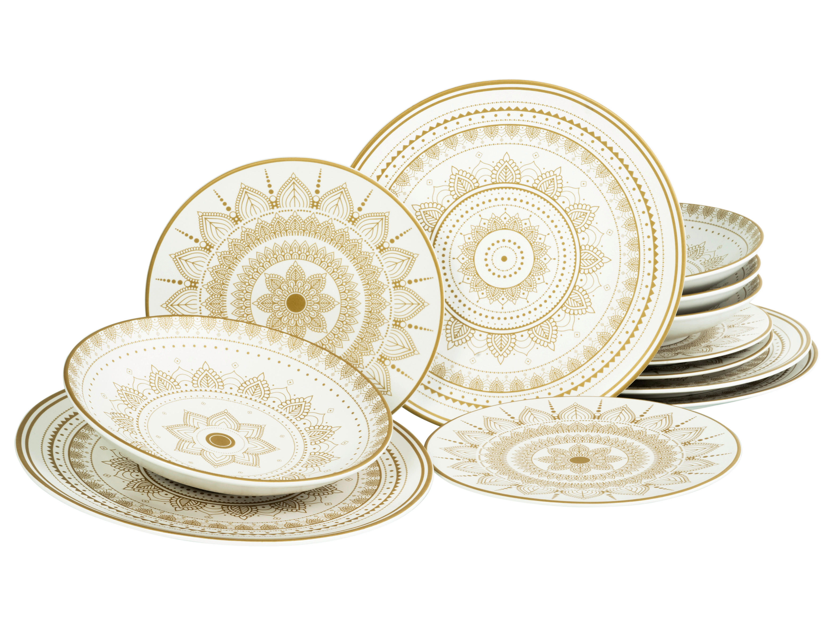 CreaTable Tafelservice MANDALA GOLD weiß Steinzeug 12 tlg. MANDALA GOLD - gold/weiß - CreaTable
