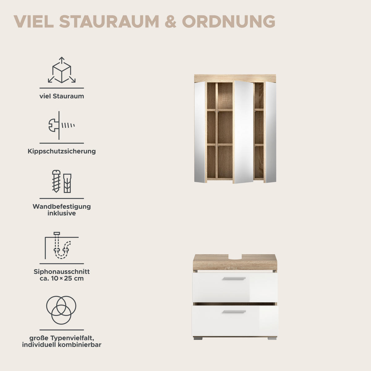 Badezimmer-Set Lambada Eiche Sonoma Nachbildung weiß Hochglanz B/H/T: ca. 60x191x37 cm Lambada - Eiche/weiß (60,00/191,00/37,00cm) - xonox.home