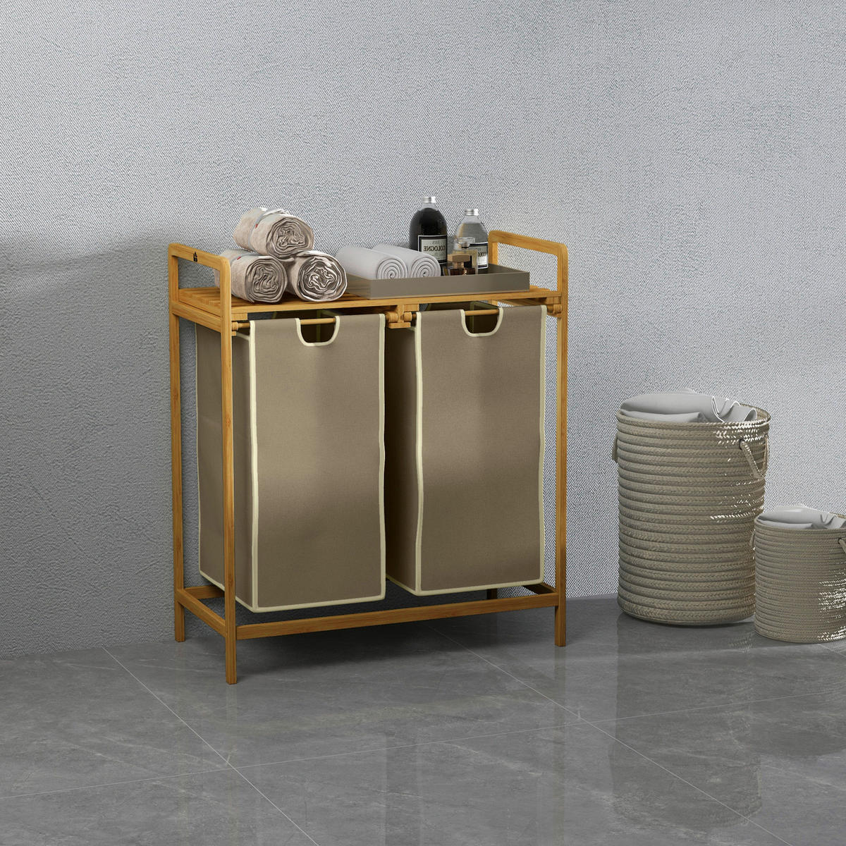HOMCOM Wäschekorb creme B/H/L: ca. 33x63,5x73 cm Wäschekorb - natur/creme (73,00/33,00/63,50cm) - HOMCOM