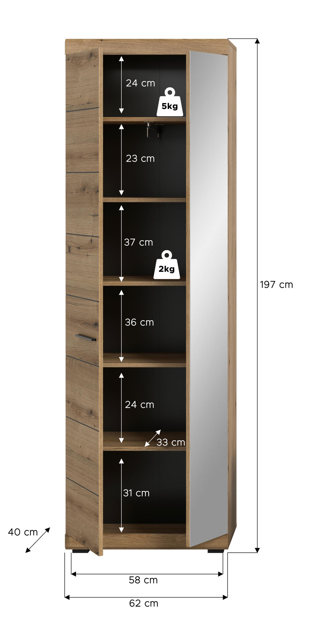 Garderobenschrank SCOUT Evoke Oak Nachbildung B/H/T: ca. 62x197x37 cm SCOUT - (62,00/197,00/37,00cm) - xonox.home