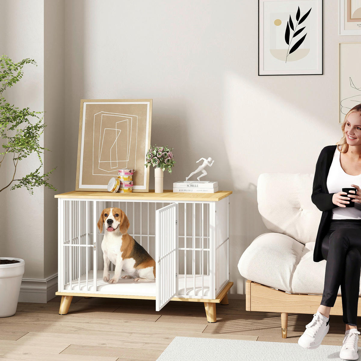 PawHut Hundekäfig Eiche Stahl B/H/L: ca. 60x70x86 cm Hundekäfig - Eiche/weiß (86,00/60,00/70,00cm) - PawHut