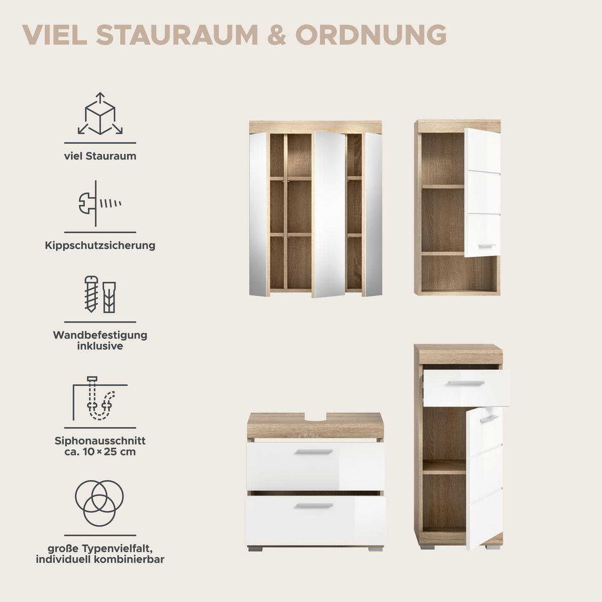Badezimmer-Set Lambada Eiche Sonoma Nachbildung weiß Hochglanz B/H/T: ca. 112x191x37 cm Lambada - Eiche/weiß (112,00/191,00/37,00cm) - xonox.home