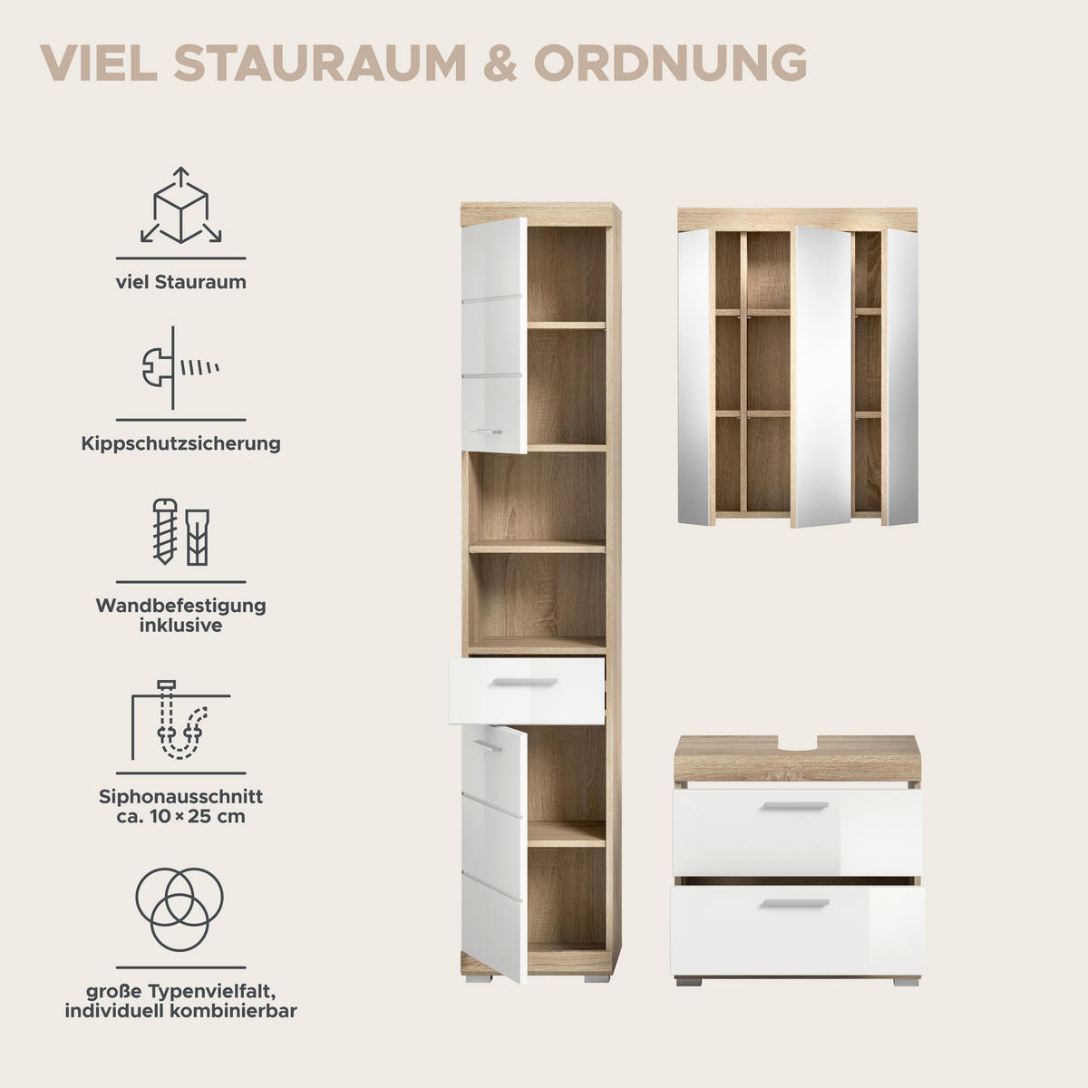 Badezimmer-Set Lambada Eiche Sonoma Nachbildung weiß Hochglanz B/H/T: ca. 112x191x37 cm Lambada - Eiche/weiß (112,00/191,00/37,00cm) - xonox.home