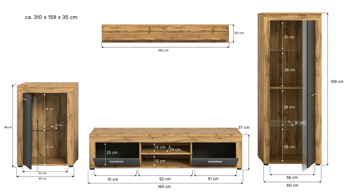 Wohnwand Jam Eiche Wotan Nachbildung grau B/H/T: ca. 310x169x35 cm Jam - Eiche/grau (310,00/169,00/35,00cm) - xonox.home