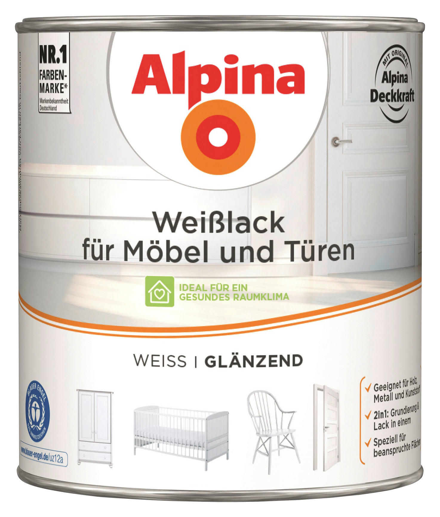 Alpina Weißlack für Möbel & Türen weiß glänzend ca. 2 l für Möbel & Türen - weiß (2,00l)