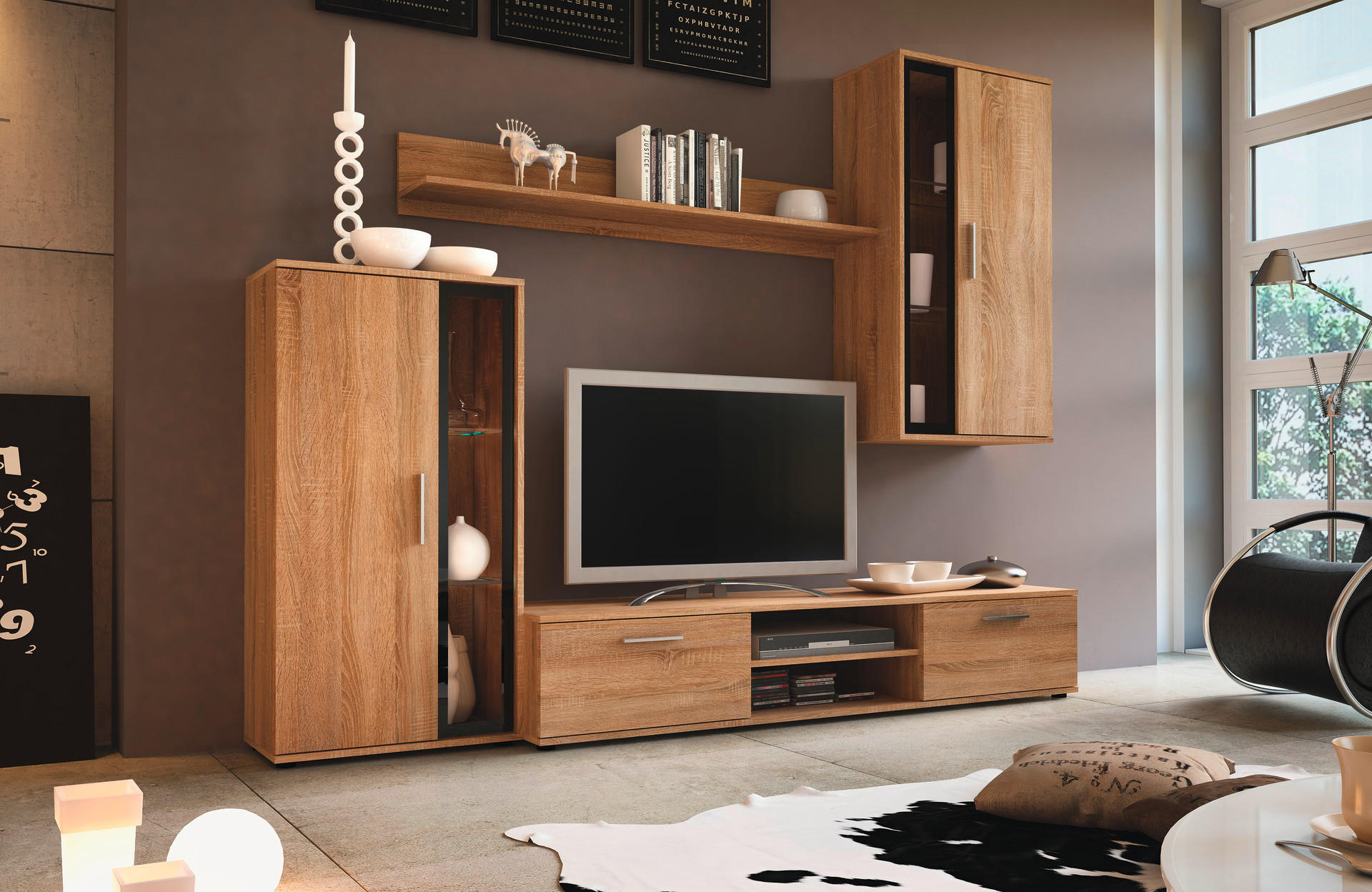 Wohnwand Neon Eiche Sonoma Nachbildung schwarz B/H/T: ca. 233x190x40 cm Neon - Eiche/schwarz (233,00/190,00/40,00cm)