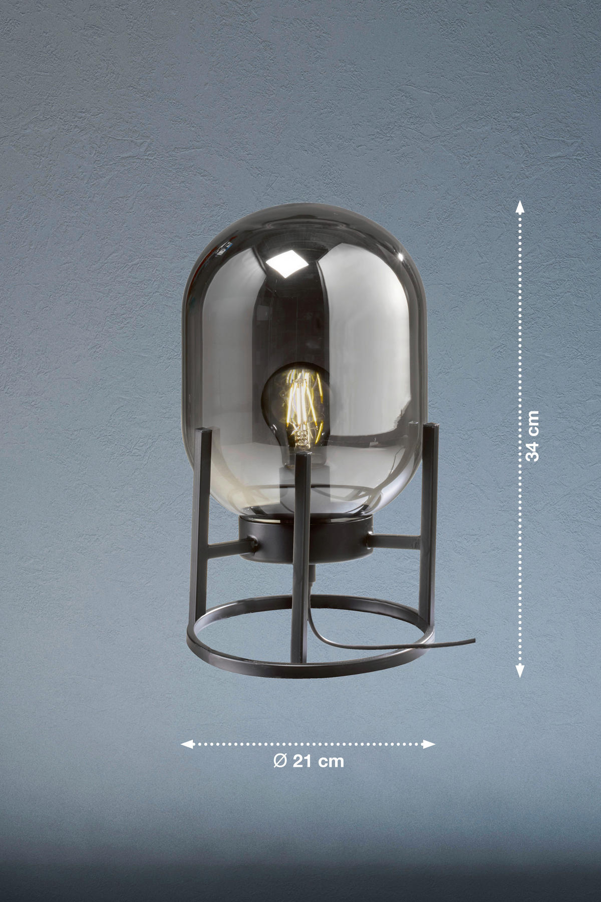 Fischer & Honsel Tischleuchte 50130 schwarz Rauch Glas Metall H/D: ca. 34x21 cm E27 1 Brennstellen Regi - schwarz/Rauch (21,00/34,00cm) - Fischer & Honsel