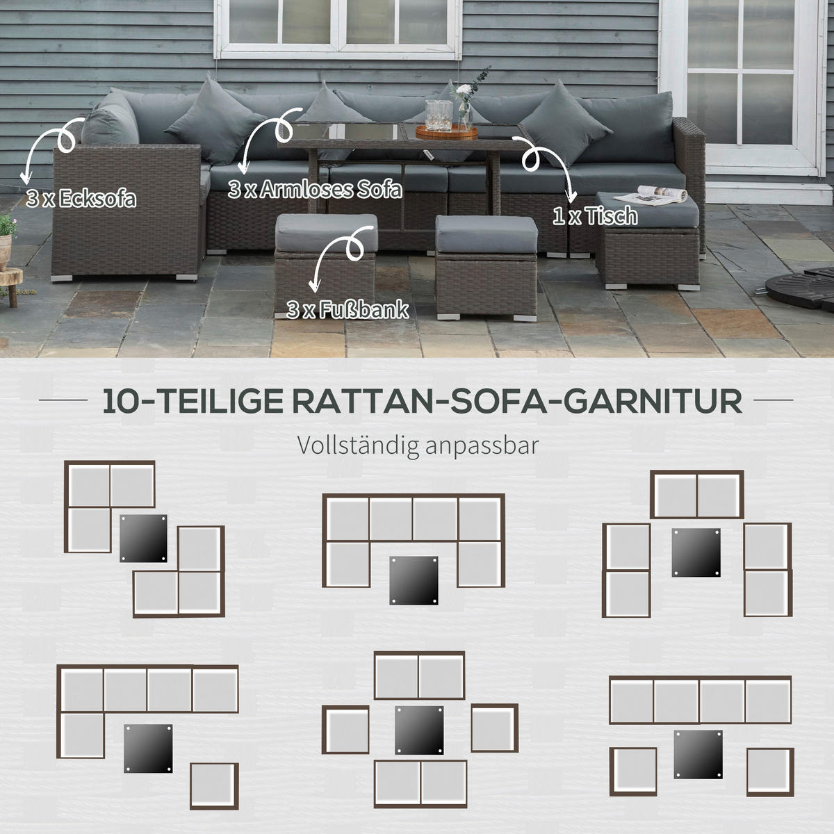 Outsunny Sitzgruppe dunkelgrau Polyrattan B/H/L: ca. 68x120x73 cm Gartenmöbel-Set - dunkelgrau (73,00/68,00/120,00cm) - Outsunny