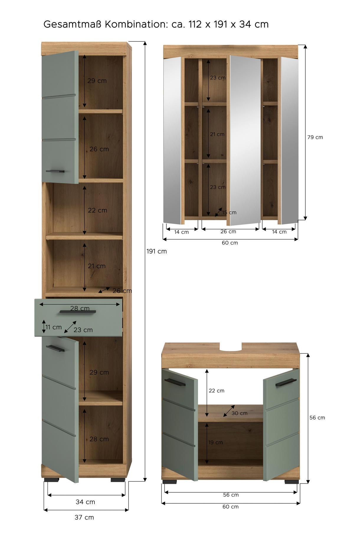 Badezimmer-Set Scout Eiche Artisan Nachbildung salbei Nachbildung B/H/T: ca. 112x191x34 cm Scout - Eiche/salbei (112,00/191,00/34,00cm) - xonox.home