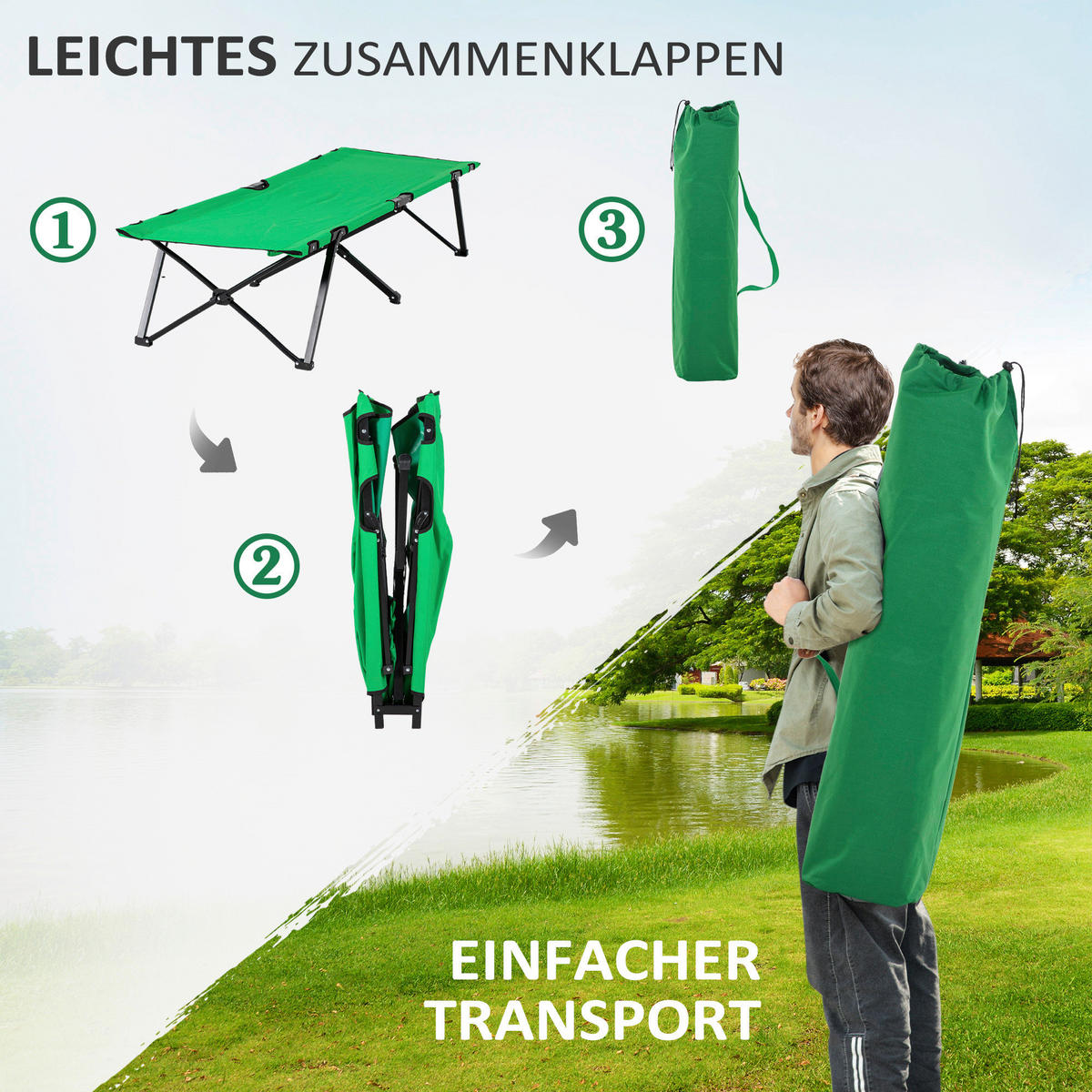 Outsunny Campingbett B/H/L: ca. 65x40x195 cm Campingbett - schwarz/grün (195,00/65,00/40,00cm) - Outsunny