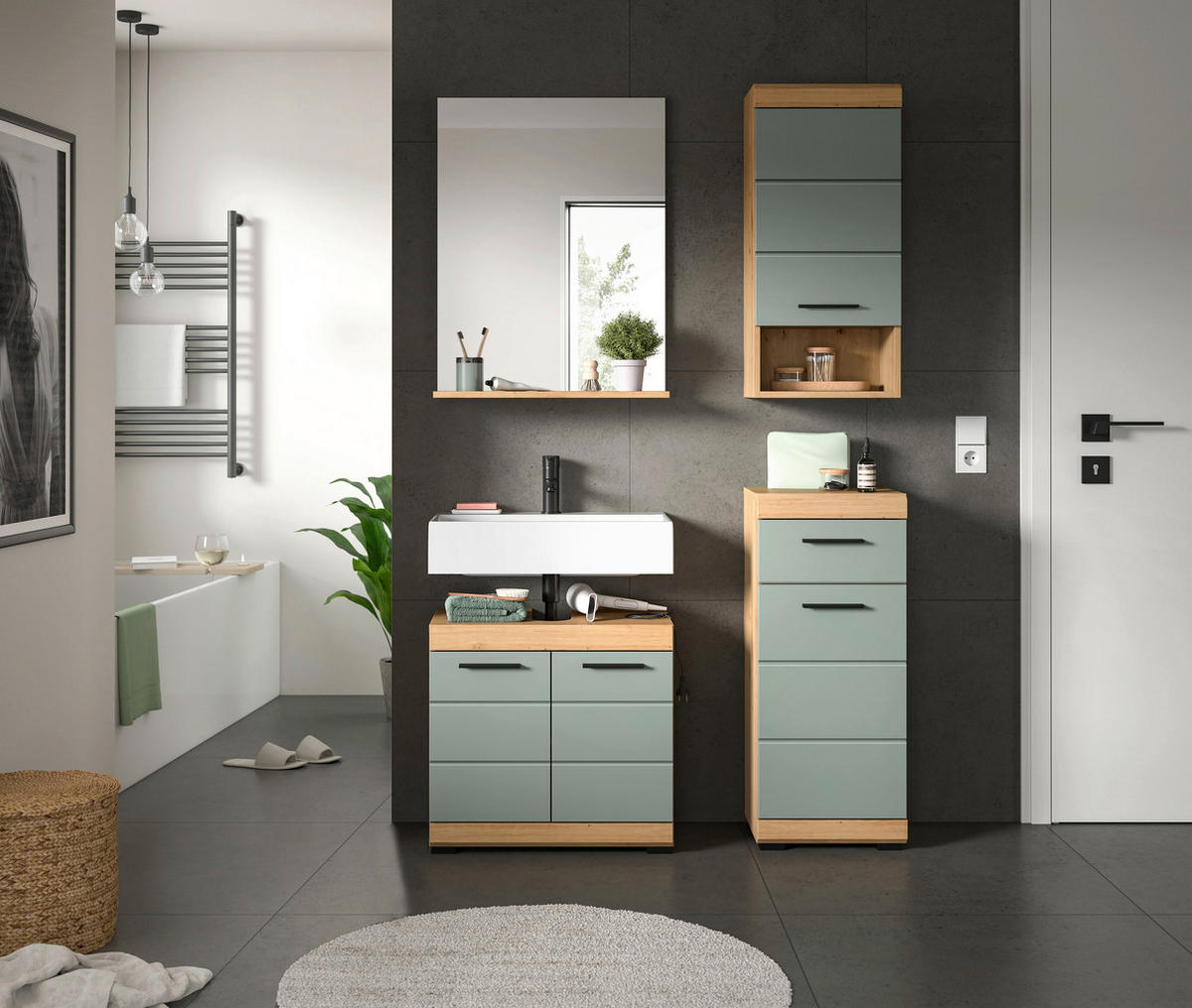 Badezimmer-Set Scout Eiche Artisan Nachbildung salbei Nachbildung B/H/T: ca. 112x191x34 cm Scout - Eiche/salbei (112,00/191,00/34,00cm) - xonox.home