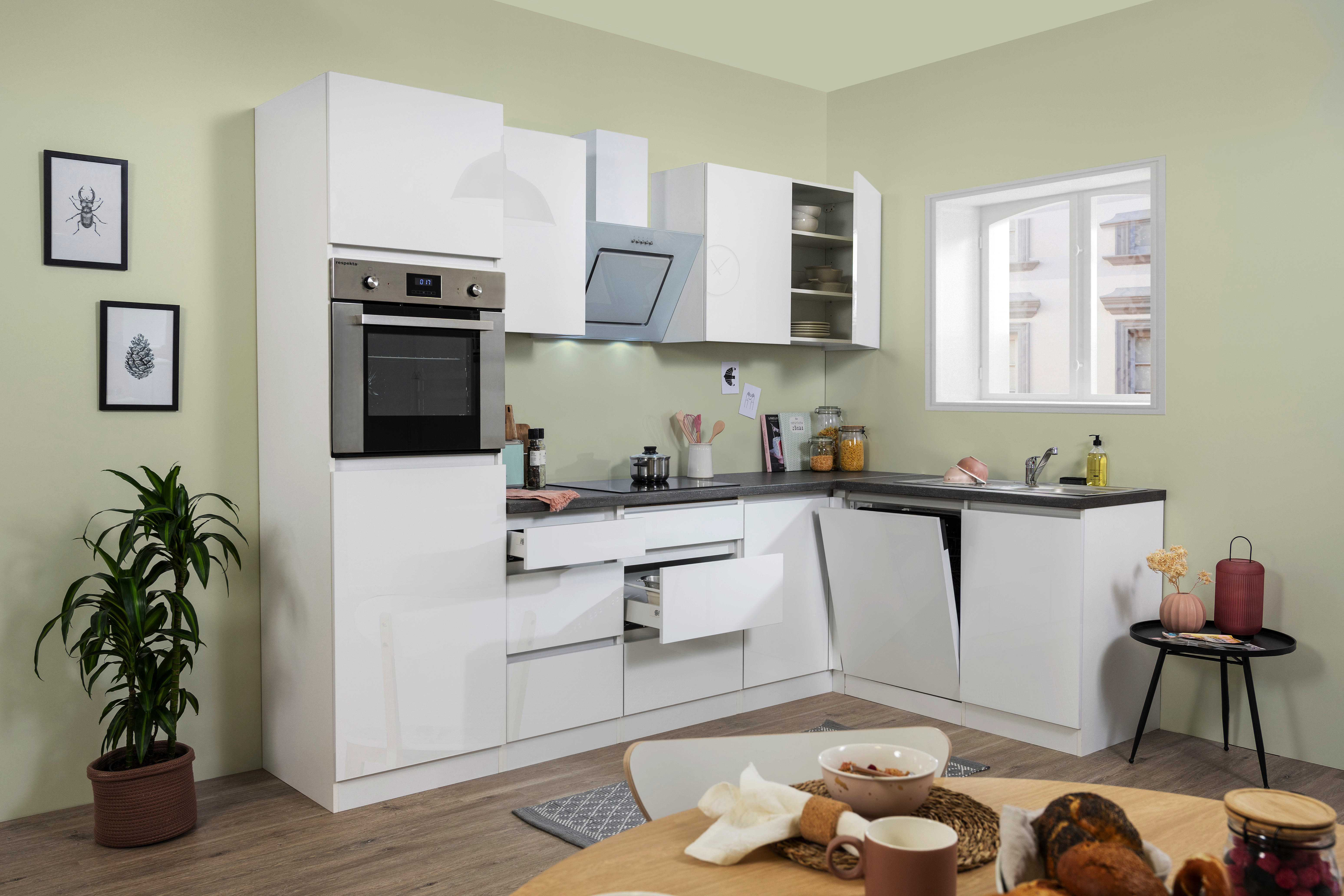 Respekta Küchenblock Premium weiß hochglänzend B/H/T: ca. 280x220,5x172 cm Premium - weiß/granit (280,00/220,50/172,00cm)