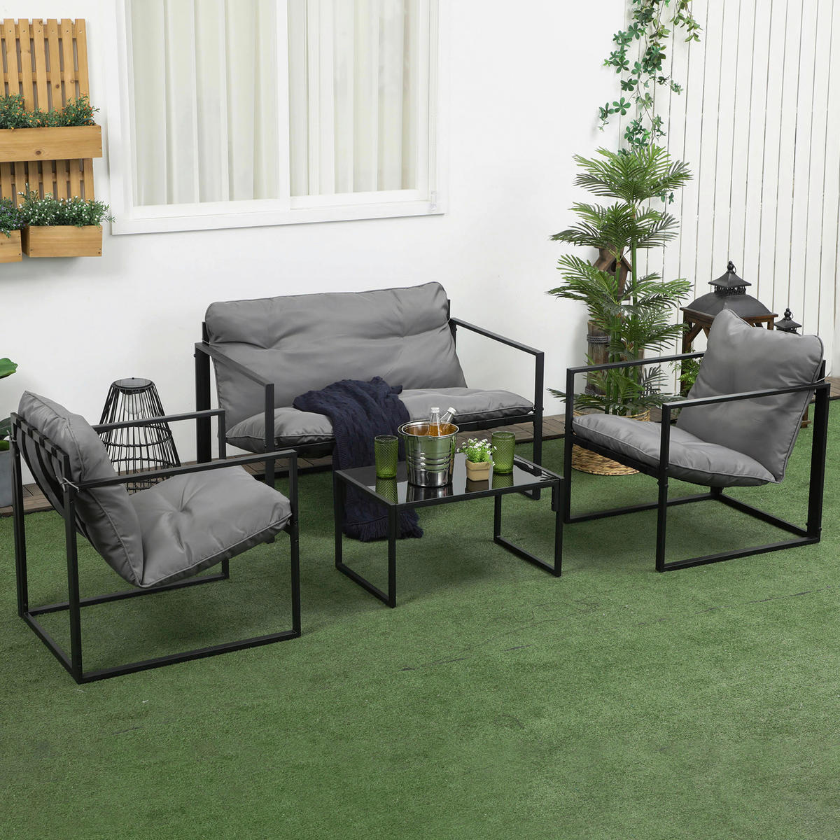 Outsunny Gartensitzgruppe schwarz Polyester B/H/L: ca. 70x67x114 cm Gartensitzgruppe - schwarz/grau (114,00/70,00/67,00cm) - Outsunny