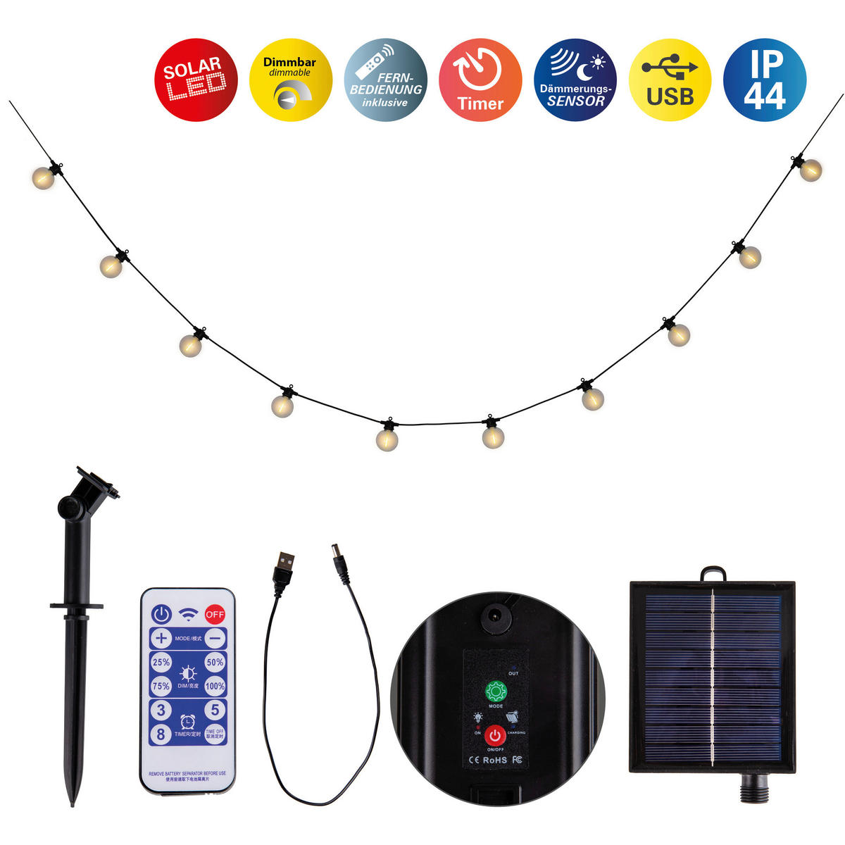 Solarleuchte 5314770 warmweiß Kunststoff B/H/T: ca. 7,5x7,5x1000 cm Cadena - warmweiß (7,50/7,50/1000,00cm) - Näve Leuchten