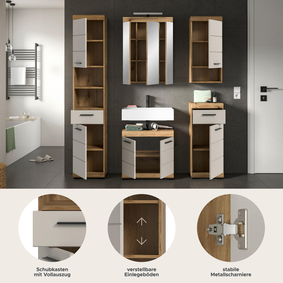 Badezimmer-Set Scout Evoke Oak Nachbildung Kaschmirgrau Nachbildung B/H/T: ca. 164x191x34 cm Scout - Kaschmirgrau (164,00/191,00/34,00cm) - xonox.home