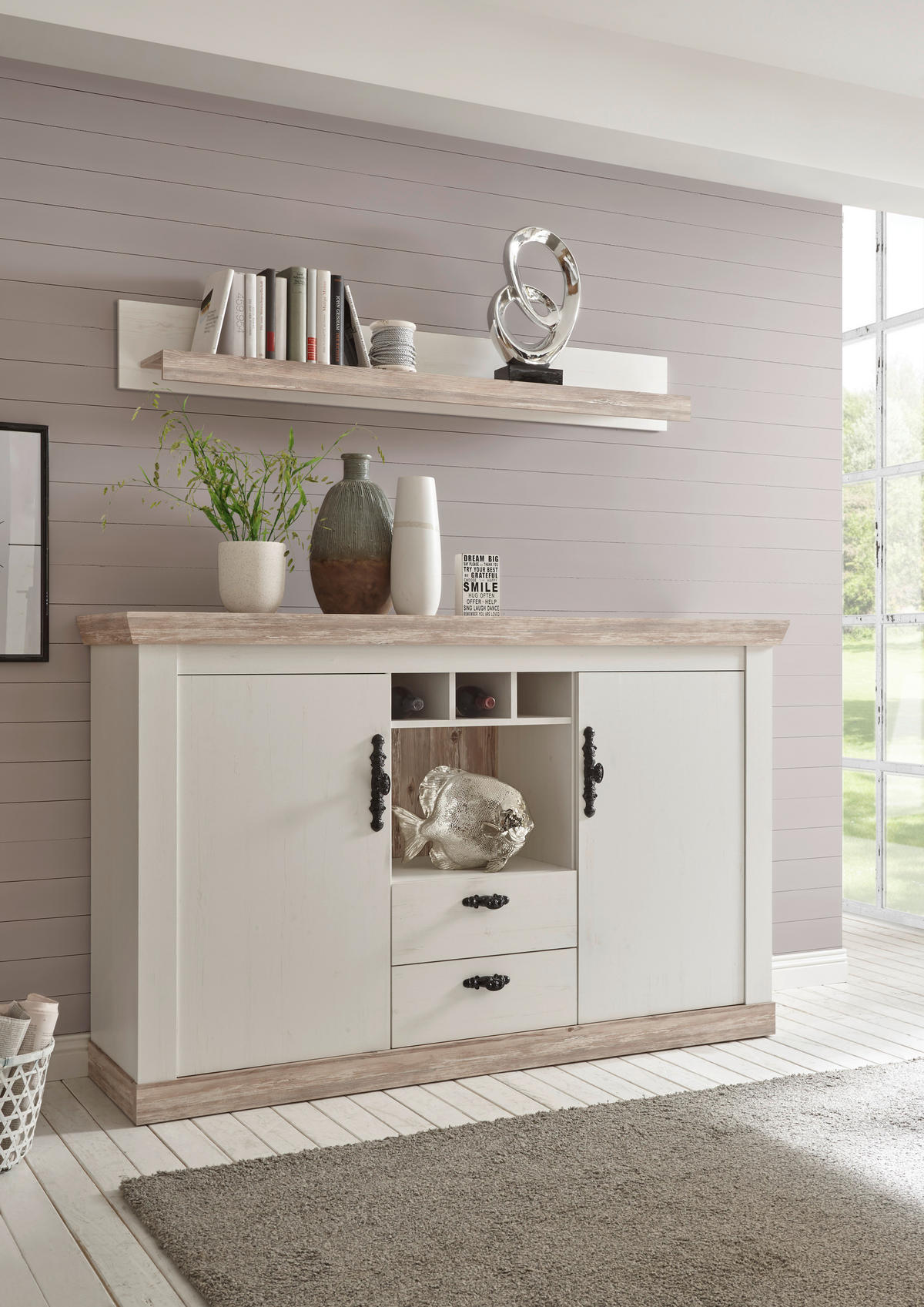 Wandboard Florenz weiß Pinie Optik Holzwerkstoff B/H/T: ca. 150x20x20 cm Florenz - weiß/schwarz (150,00/20,00/20,00cm)