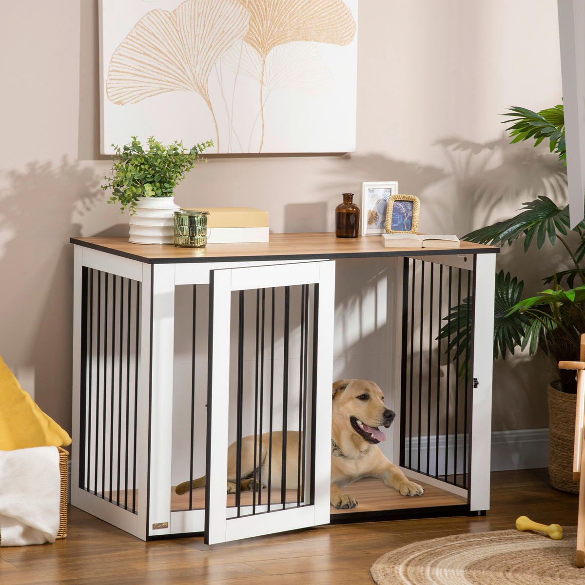 PawHut Hundekäfig weiß Spanplatte B/H/L: ca. 60x76x106 cm Hundekäfig - weiß/walnuss (106,00/60,00/76,00cm) - PawHut
