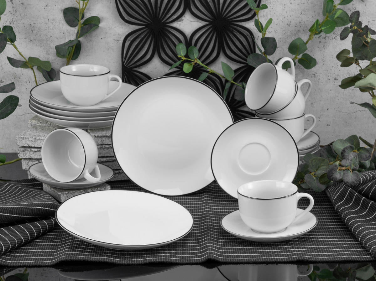 CreaTable Kaffeeservice Luna Black Line weiß Porzellan 18 tlg. Luna Black Line - weiß - CreaTable