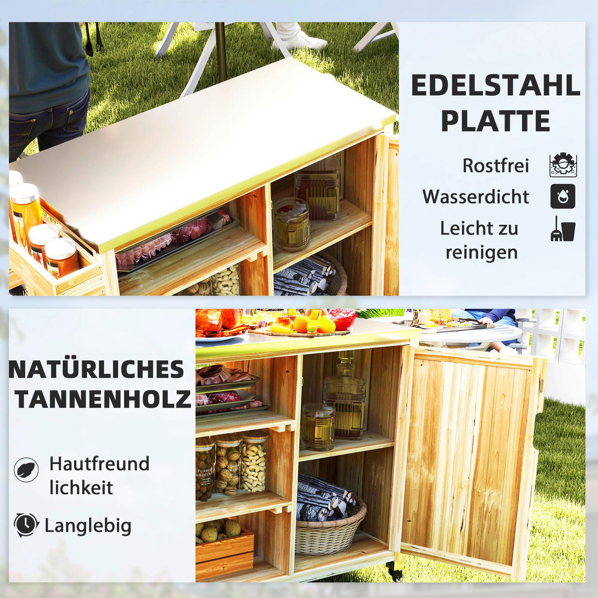 Outsunny Grillwagen Holz B/H/L: ca. 50x91,5x134,5 cm Grillwagen - natur (134,50/50,00/91,50cm) - Outsunny