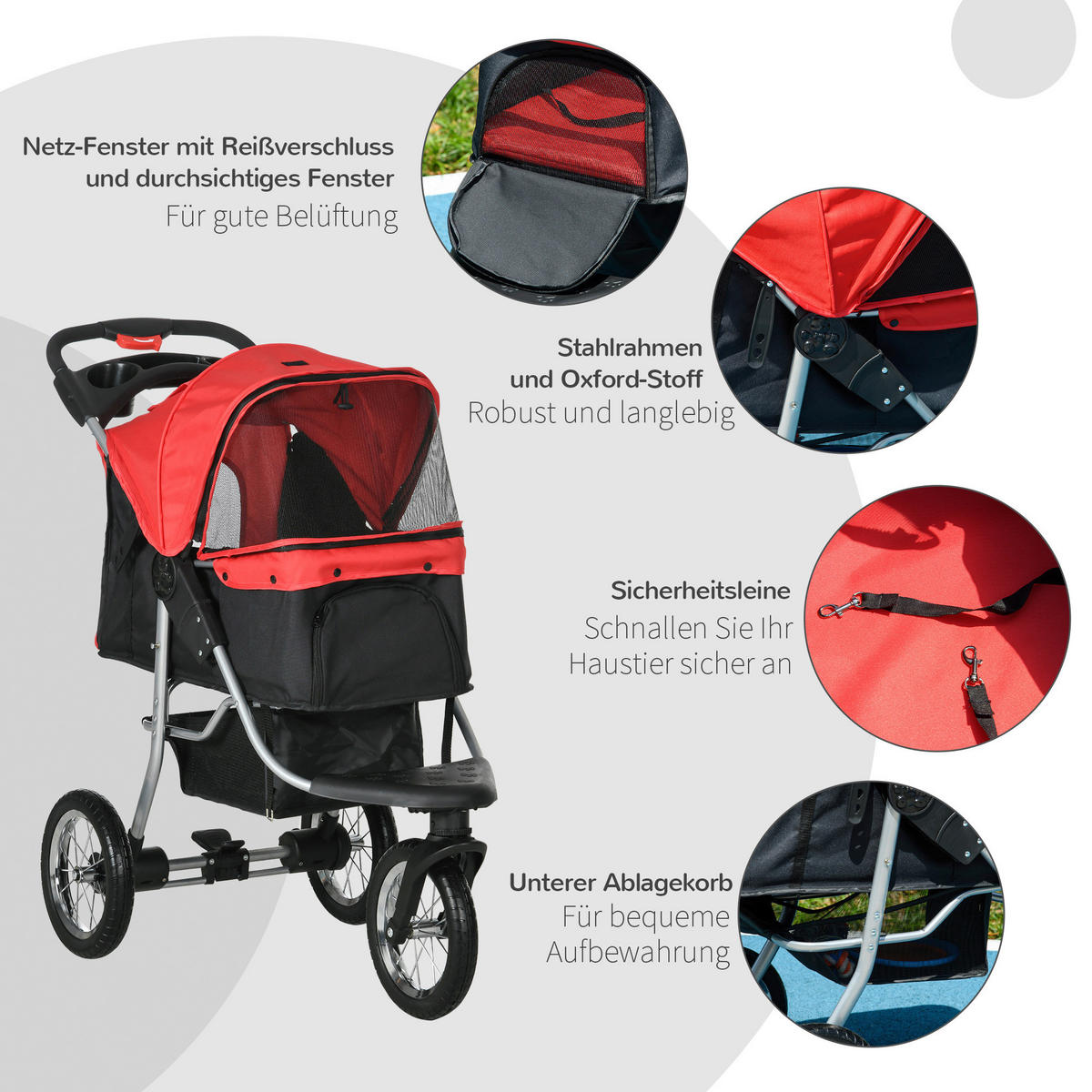 PawHut Hunde-Zubehör rot Polypropylen B/H/L: ca. 54,5x109,5x106,5 cm Hundewagen - rot (106,50/54,50/109,50cm) - PawHut