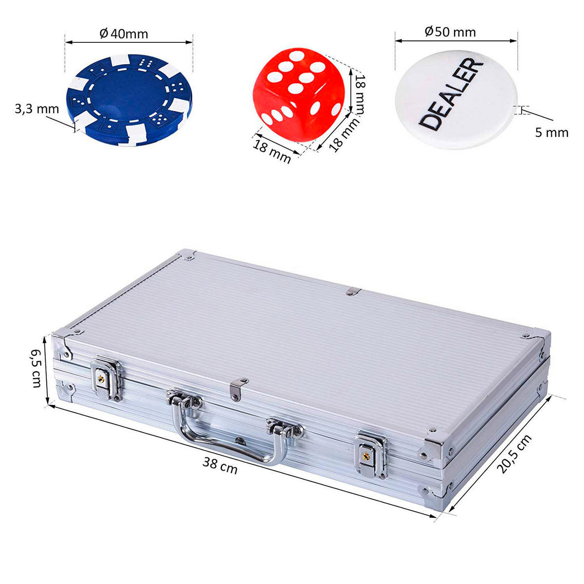 HOMCOM Pokerkoffer B/H/L: ca. 20,5x6,5x38 cm Pokerkoffer_mit_300_Chips - silber (38,00/20,50/6,50cm) - HOMCOM