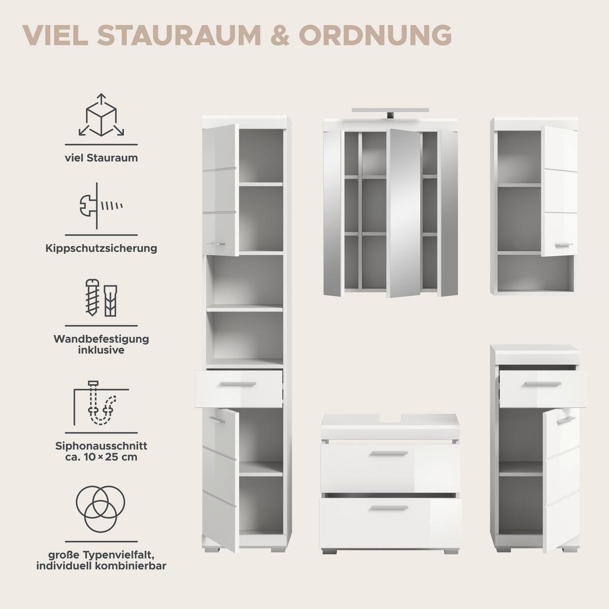 Badezimmer-Set Scout weiß weiß Hochglanz B/H/T: ca. 164x191x37 cm Scout - weiß (164,00/191,00/37,00cm) - xonox.home