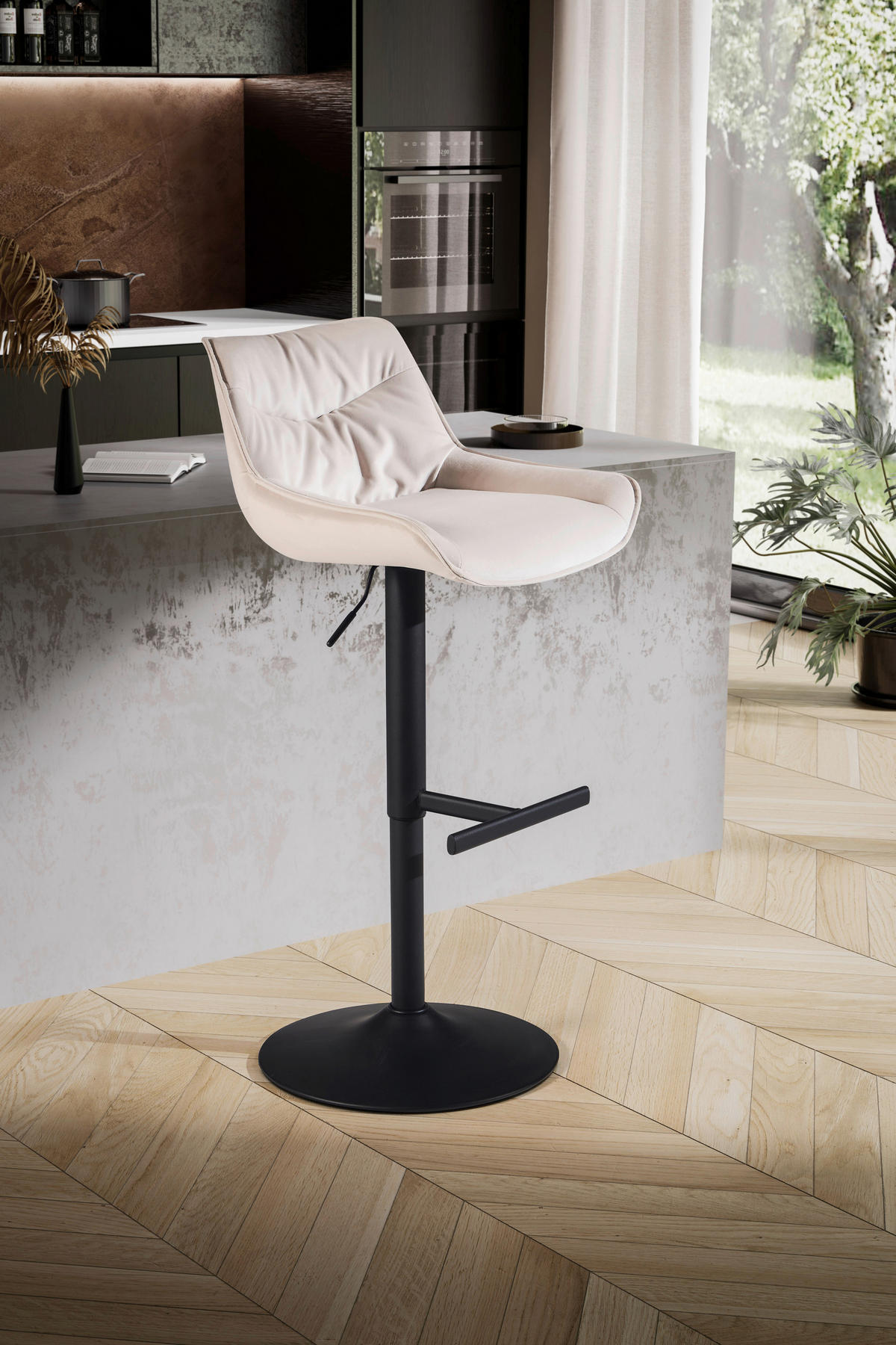 Barhocker beige schwarz Samt Eisen B/H/T: ca. 45x106x55 cm Barhocker - beige/schwarz (45,00/106,00/55,00cm) - Wohnling