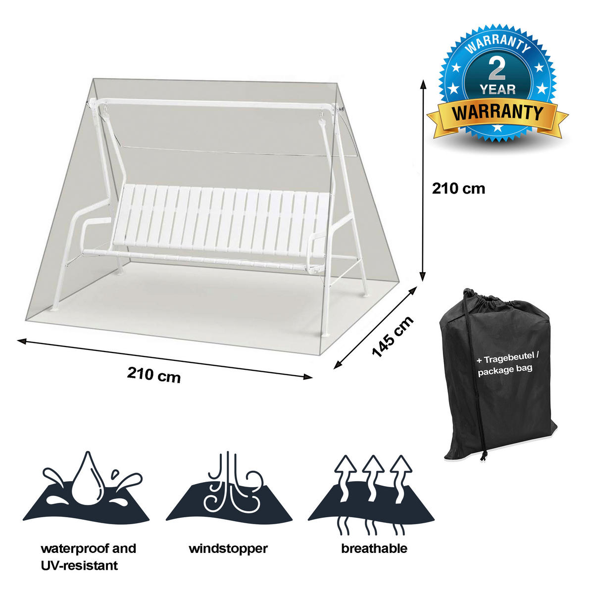 Grasekamp Schutzhülle für Hollywoodschaukel Black Premium schwarz Kunststoff B/H/L: ca. 145x210x210 cm Black Premium - schwarz (210,00/145,00/210,00cm) - Grasekamp