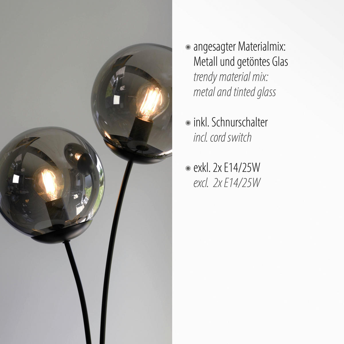 Just Light Tischleuchte BIG WIDOW 14605-18 schwarz Rauchglas Metall B/H: ca. 33,5x60 cm E14 2 Brennstellen BIG WIDOW - schwarz (33,50/60,00cm) - Just Light