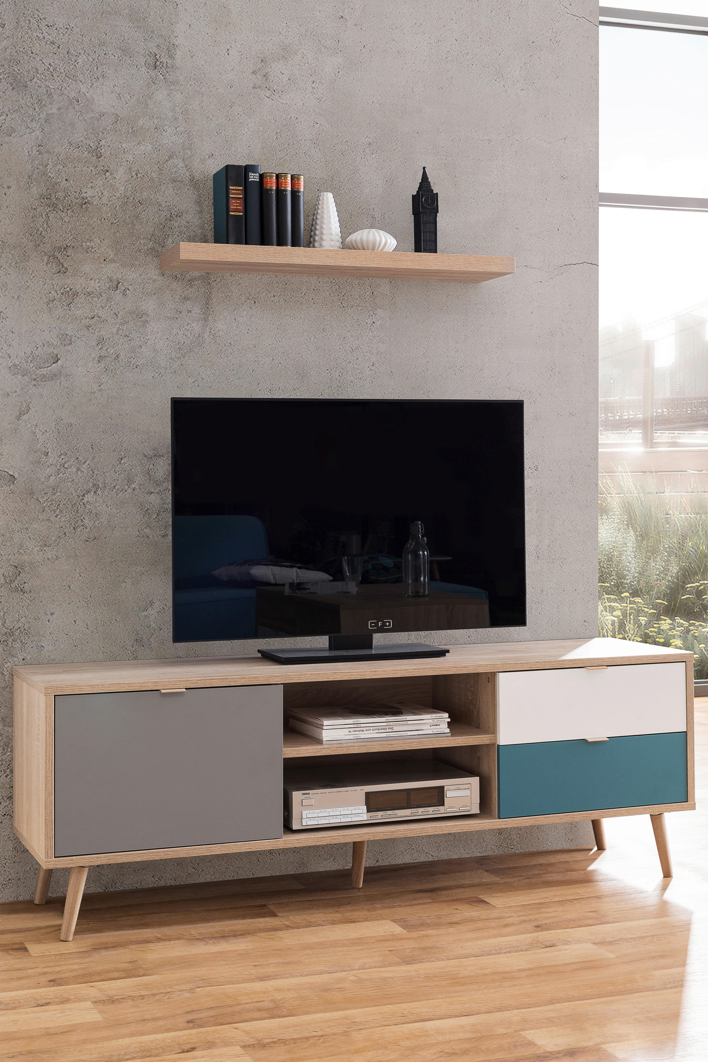 TV-Lowboard Cuba Eiche Sonoma Nachbildung weiß grau petrol B/H/T: ca. 150x52x40 cm Cuba - Eiche/weiß (150,00/52,00/40,00cm)