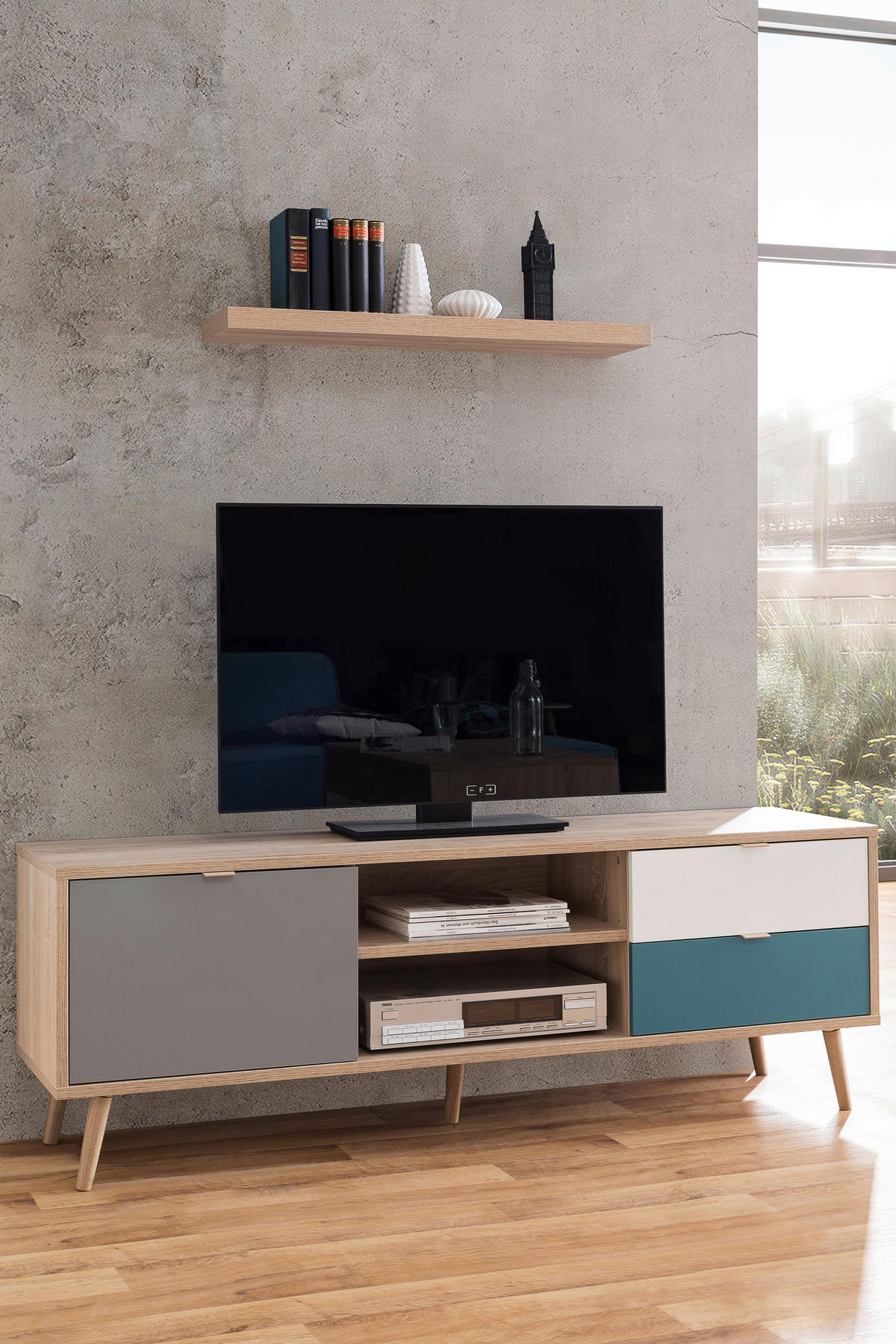 TV-Lowboard Cuba Eiche Sonoma Nachbildung weiß grau petrol B/H/T: ca. 150x52x40 cm Cuba - Eiche/weiß (150,00/52,00/40,00cm)