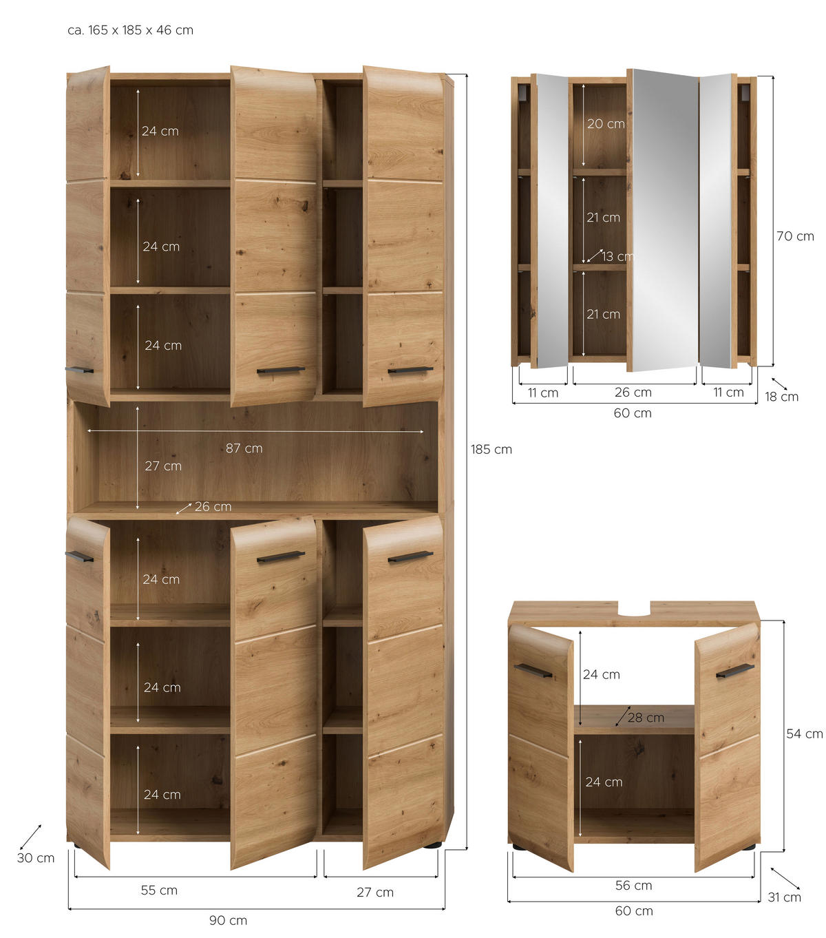 Badezimmer-Set Ice Artisan Oak Nachbildung B/H/T: ca. 165x185x46 cm Ice - (165,00/185,00/46,00cm) - xonox.home