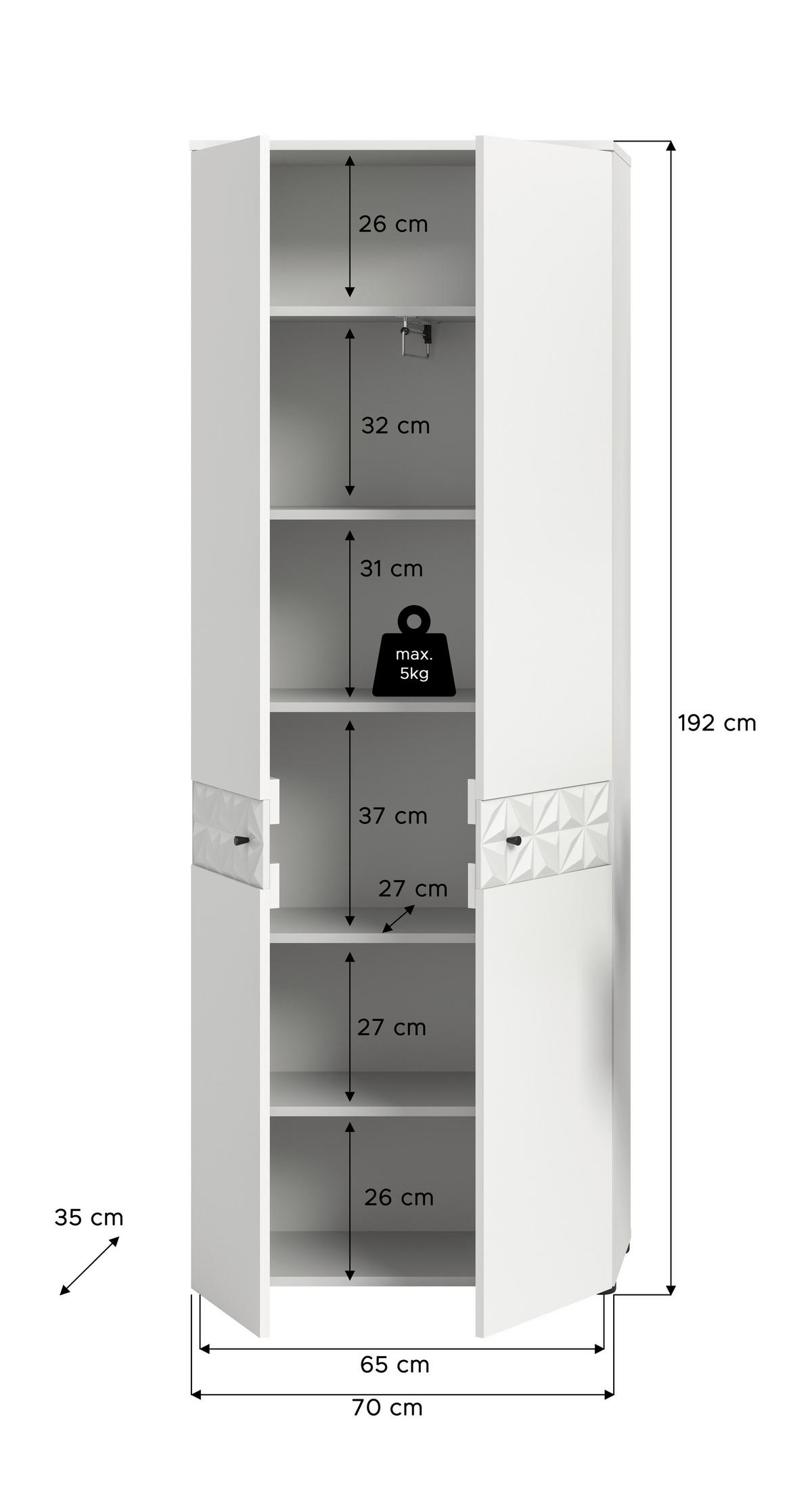 Garderobenschrank Prisma weiß weiß Hochglanz B/H/T: ca. 70,2x192x34,8 cm Prisma - weiß (70,20/192,00/34,80cm) - xonox.home