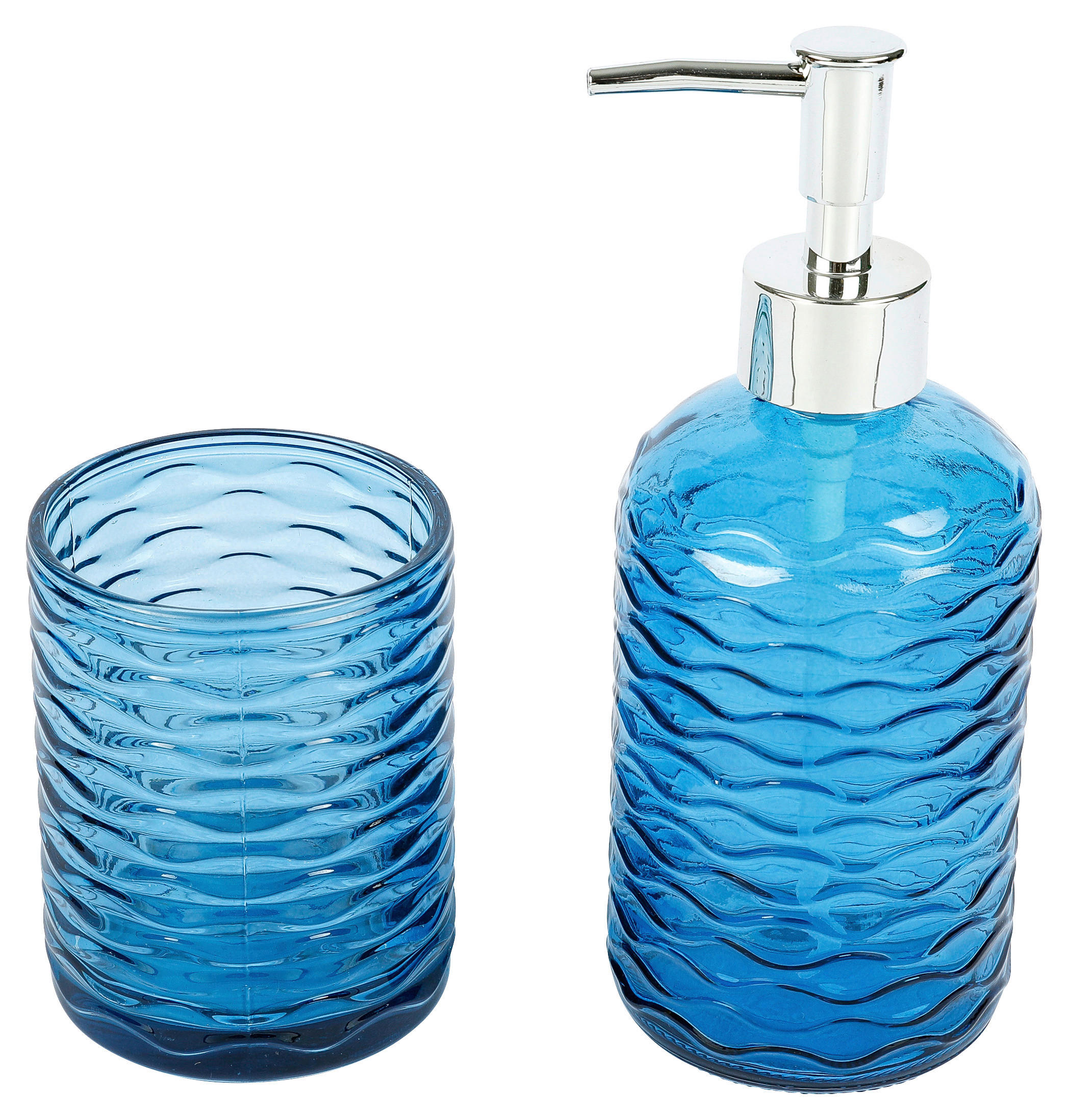 Badezimmer-Set blau Edelstahl Glas