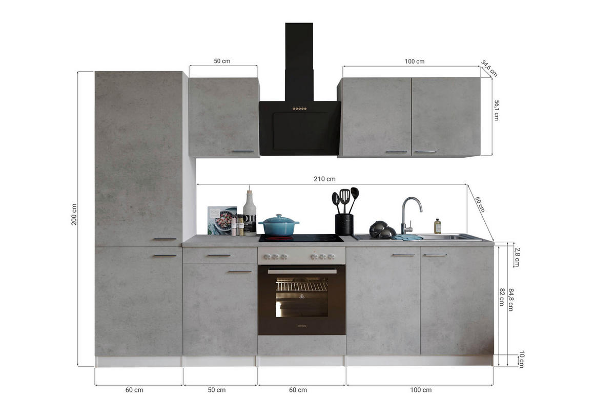 Respekta Küchenblock Malia Beton Optik B/H/T: ca. 270x200x60 cm Malia - Beton/weiß (270,00/200,00/60,00cm) - Respekta
