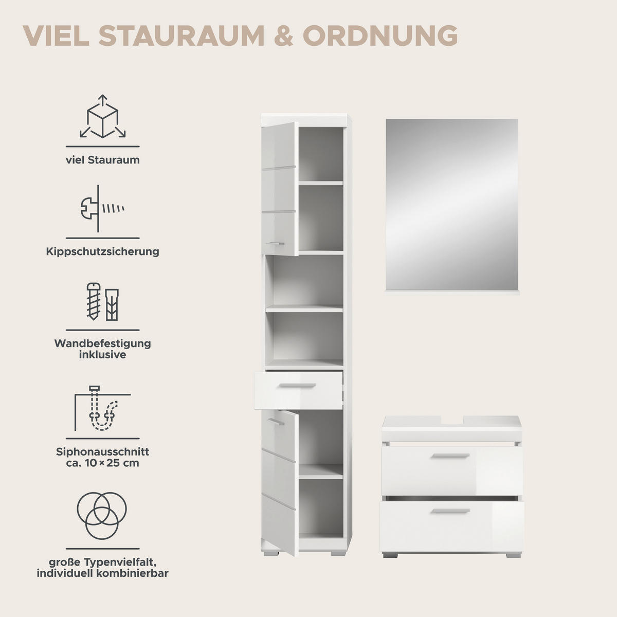Badezimmer-Set Scout weiß weiß Hochglanz B/H/T: ca. 112x191x37 cm Scout - weiß (112,00/191,00/37,00cm) - xonox.home